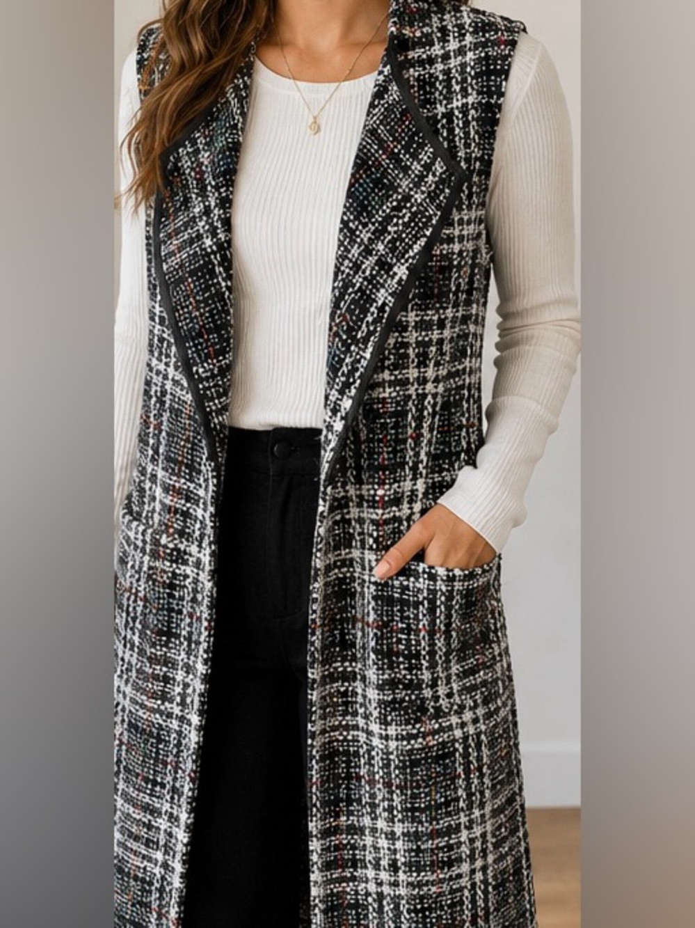 BCBGeneration Tweed Longline Open Vest Duster Plaid Sleeveless Jacket M